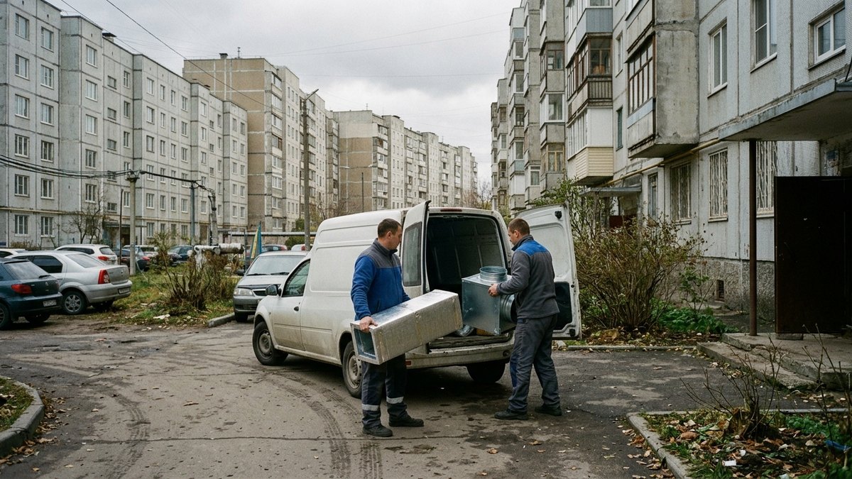 Бригада монтажников вентиляции с инструментом на объекте