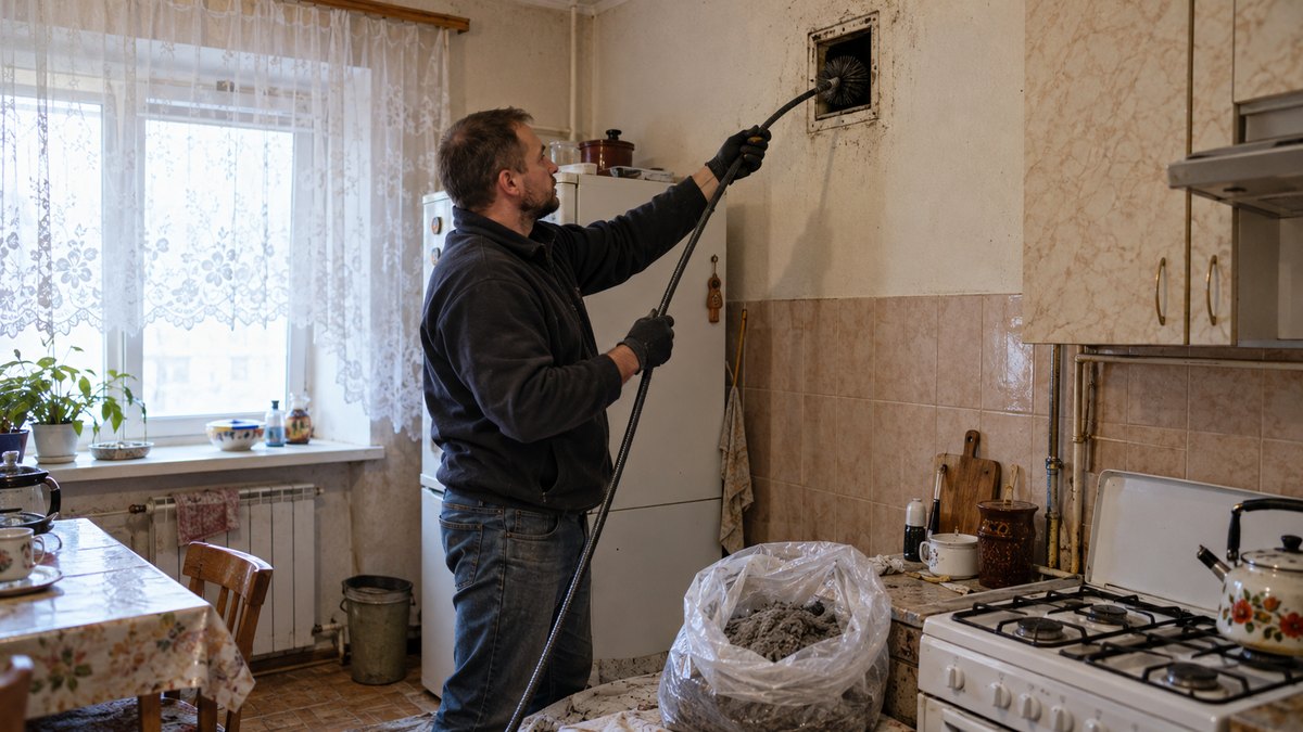 Чистка вентиляционного канала щёточной машиной и замер тяги после работы